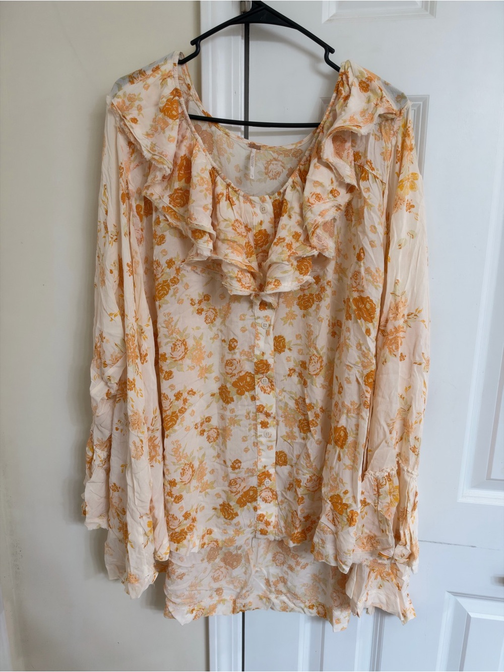 Free People Cream Blouse with Mustard Floral Ruffles